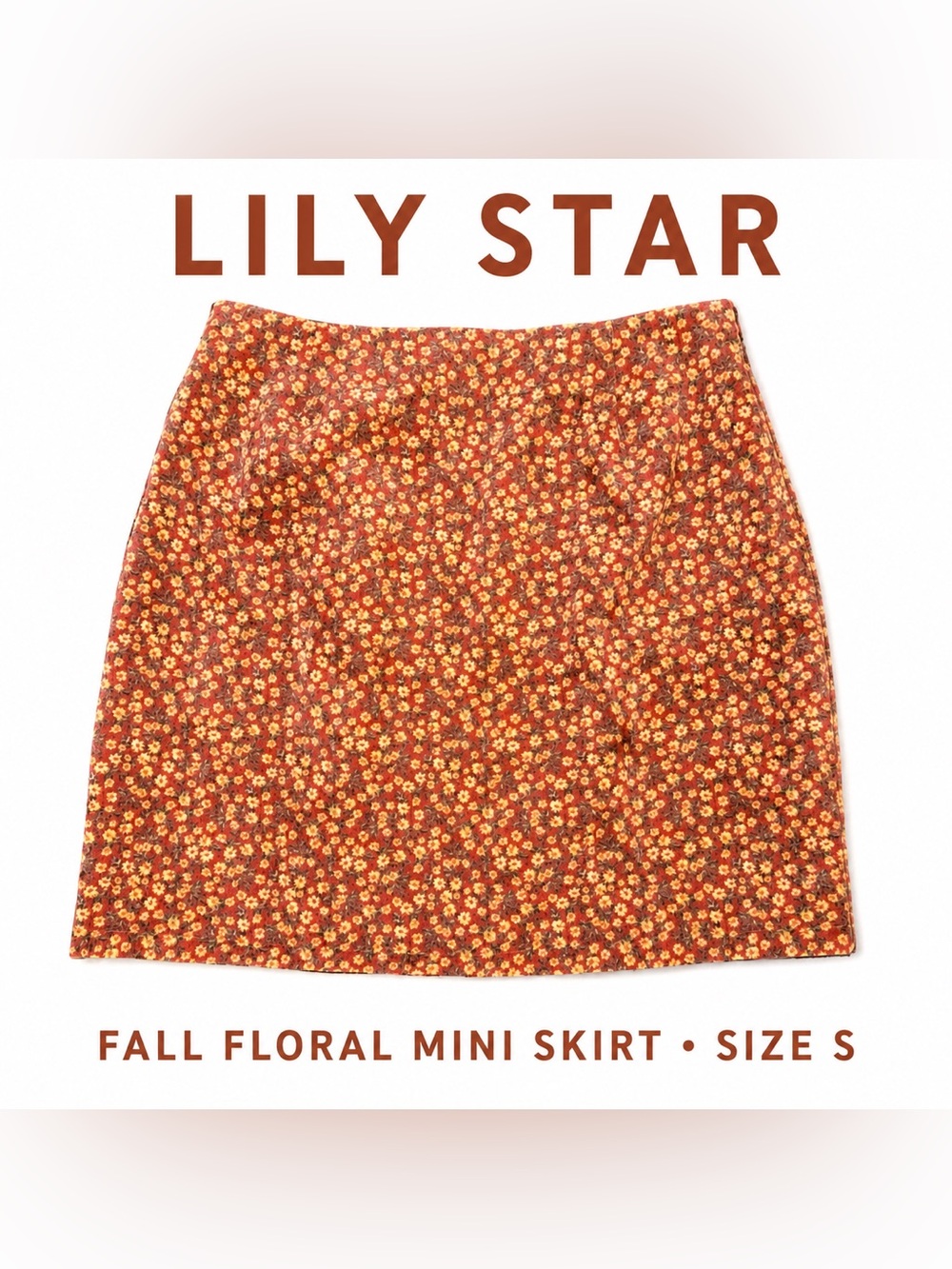 Lily Star Floral Mini Skirt Size S Rust Orange Fall Boho Button Detail